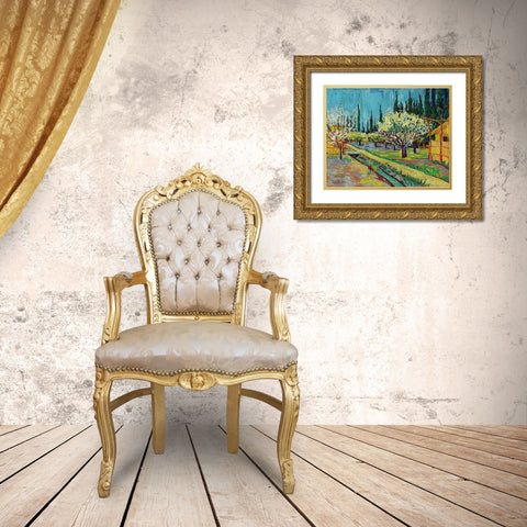 Orchard Bordered by Cypresses (1888) Gold Ornate Wood Framed Art Print with Double Matting by Van Gogh, Vincent