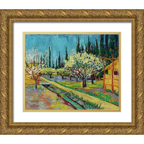 Orchard Bordered by Cypresses (1888) Gold Ornate Wood Framed Art Print with Double Matting by Van Gogh, Vincent