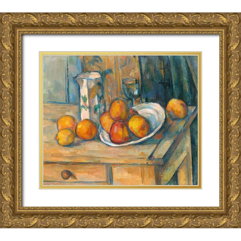 Still Life with Milk Jug and Fruit (ca. 1900) Gold Ornate Wood Framed Art Print with Double Matting by Cezanne, Paul