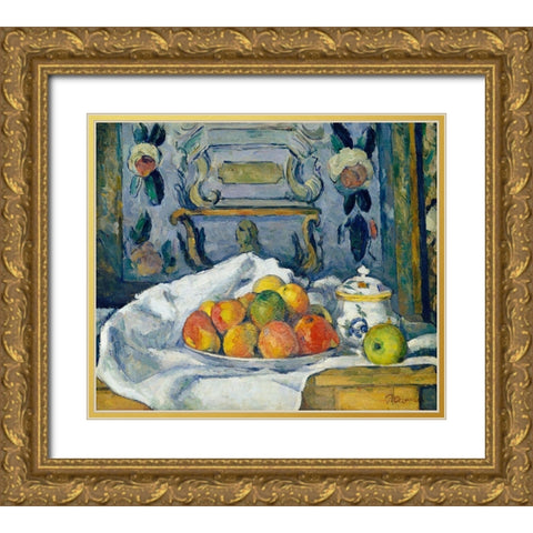 Dish of Apples Gold Ornate Wood Framed Art Print with Double Matting by Cezanne, Paul