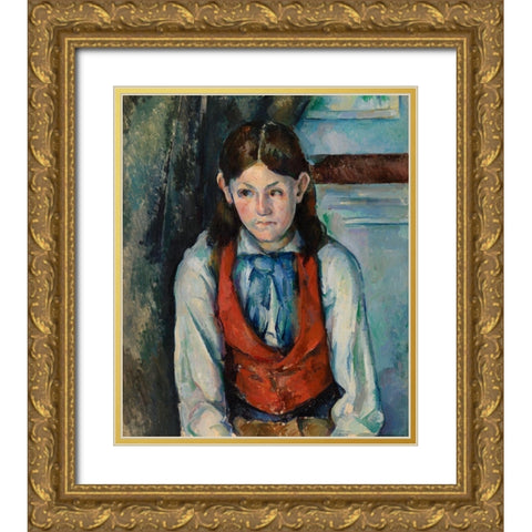 Boy in a Red Vest Gold Ornate Wood Framed Art Print with Double Matting by Cezanne, Paul