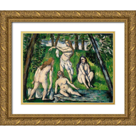 Four Bathers Gold Ornate Wood Framed Art Print with Double Matting by Cezanne, Paul