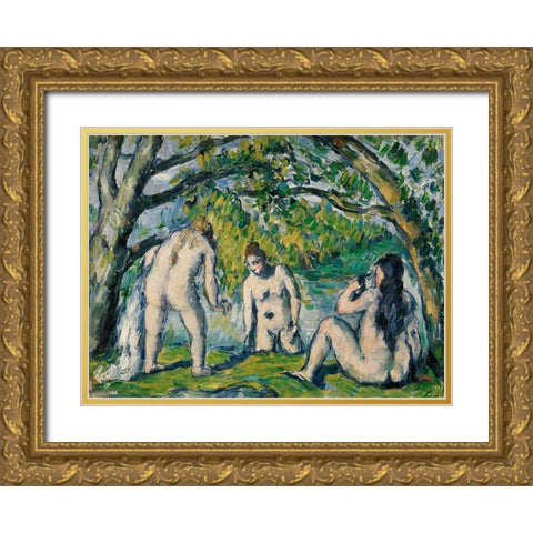 Three Bathers Gold Ornate Wood Framed Art Print with Double Matting by Cezanne, Paul