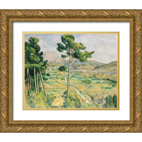 Mont Sainte-Victoire and the Viaduct of the Arc River Valley Gold Ornate Wood Framed Art Print with Double Matting by Cezanne, Paul