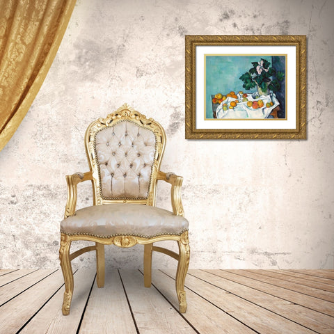 Still Life with Apples and a Pot of Primroses Gold Ornate Wood Framed Art Print with Double Matting by Cezanne, Paul
