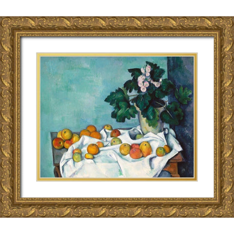 Still Life with Apples and a Pot of Primroses Gold Ornate Wood Framed Art Print with Double Matting by Cezanne, Paul