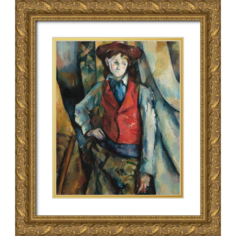 Boy in a Red Waistcoat Gold Ornate Wood Framed Art Print with Double Matting by Cezanne, Paul