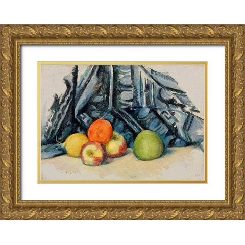 Apples and Cloth Gold Ornate Wood Framed Art Print with Double Matting by Cezanne, Paul