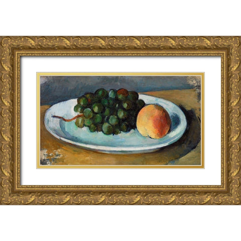 Grapes and Peach on a PlateÂ  Gold Ornate Wood Framed Art Print with Double Matting by Cezanne, Paul