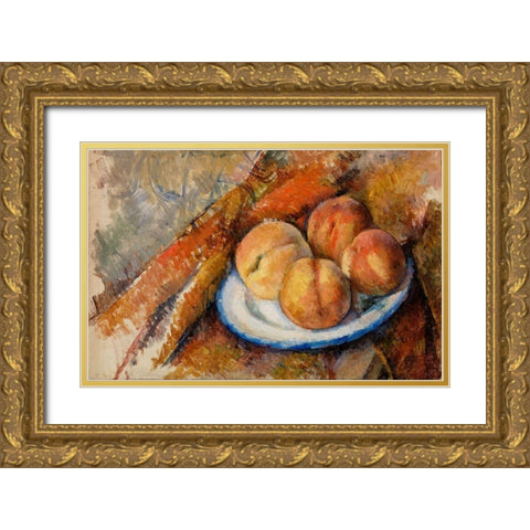 Four Peaches on a Plate Gold Ornate Wood Framed Art Print with Double Matting by Cezanne, Paul