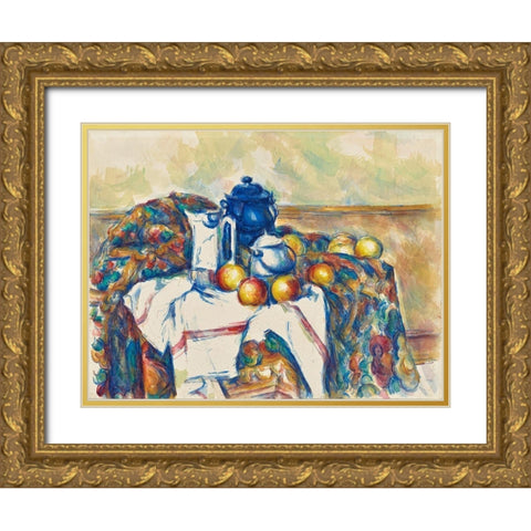 Still Life with Blue Pot Gold Ornate Wood Framed Art Print with Double Matting by Cezanne, Paul