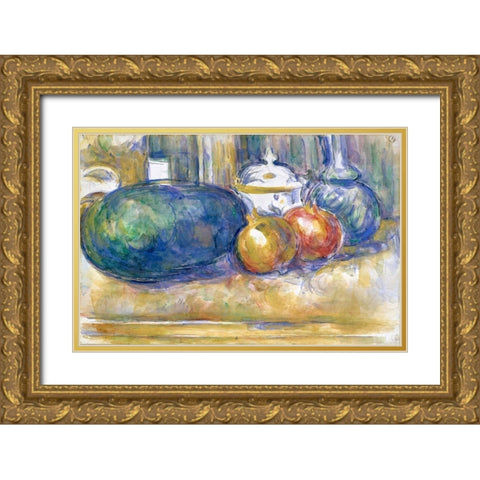 Still-Life with a Watermelon and Pomegranates Gold Ornate Wood Framed Art Print with Double Matting by Cezanne, Paul