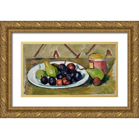 Plate with Fruit and Pot of Preserves Gold Ornate Wood Framed Art Print with Double Matting by Cezanne, Paul