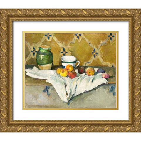 Still Life with Jar, Cup, and ApplesÂ  Gold Ornate Wood Framed Art Print with Double Matting by Cezanne, Paul