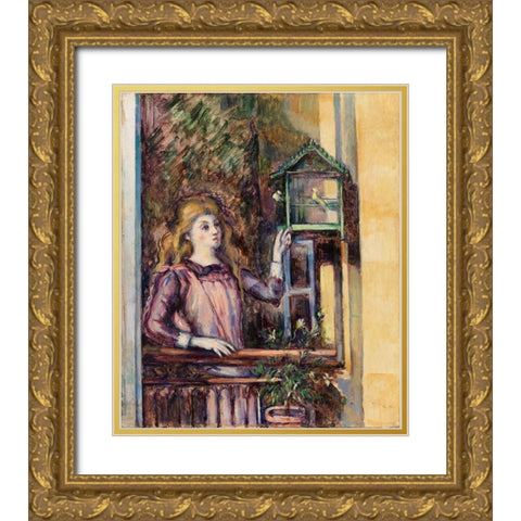 Girl with Birdcage Gold Ornate Wood Framed Art Print with Double Matting by Cezanne, Paul