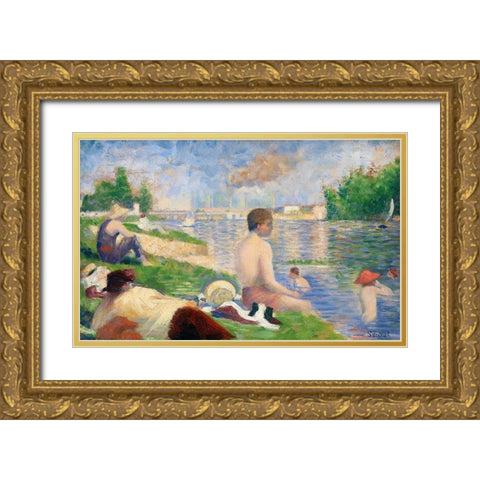 Final Study for â€œBathers at AsniÃ¨resâ€Â  Gold Ornate Wood Framed Art Print with Double Matting by Seurat, Georges