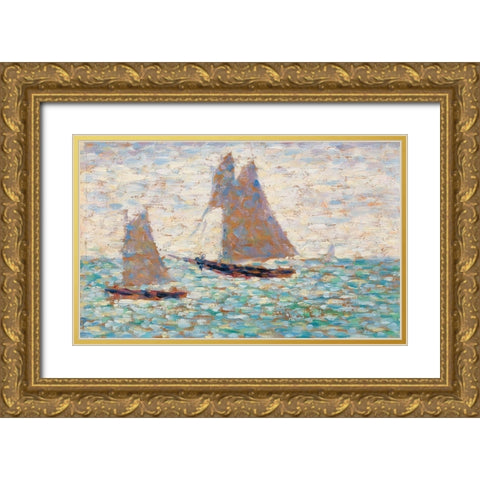 Two Sailboats at Grandcamp Gold Ornate Wood Framed Art Print with Double Matting by Seurat, Georges