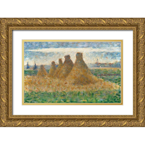 Haystacks Gold Ornate Wood Framed Art Print with Double Matting by Seurat, Georges