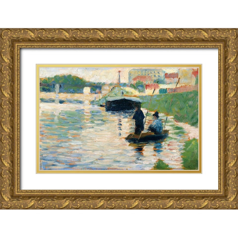View of the Seine Gold Ornate Wood Framed Art Print with Double Matting by Seurat, Georges