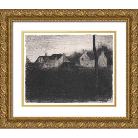 Landscape With Houses Gold Ornate Wood Framed Art Print with Double Matting by Seurat, Georges
