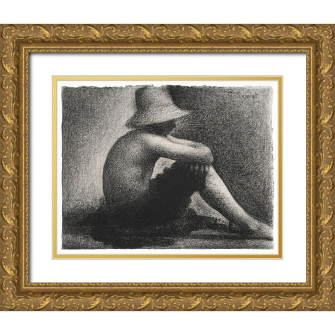Seated Boy with Straw Hat Gold Ornate Wood Framed Art Print with Double Matting by Seurat, Georges