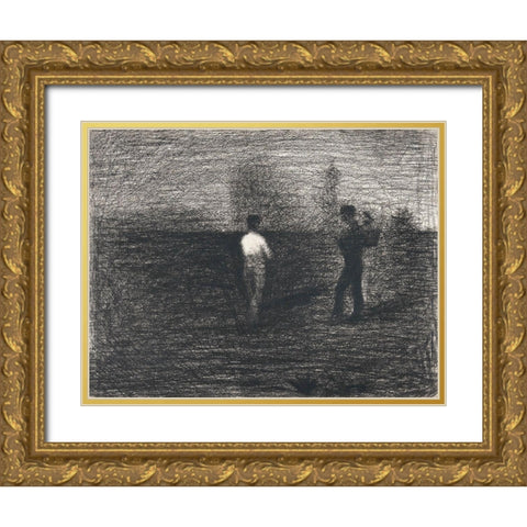 Peasants Gold Ornate Wood Framed Art Print with Double Matting by Seurat, Georges