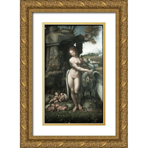 Ledo and the Swan Gold Ornate Wood Framed Art Print with Double Matting by da Vinci, Leonardo