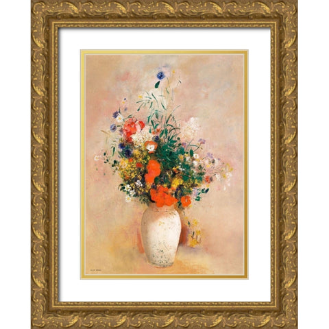 Vase of Flowers (Pink Background)Â  Gold Ornate Wood Framed Art Print with Double Matting by Redon, Odilon