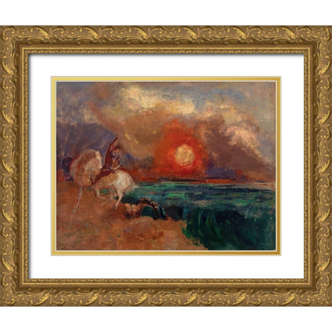 Saint George and the Dragon Gold Ornate Wood Framed Art Print with Double Matting by Redon, Odilon