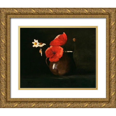 Poppies and Daisies Gold Ornate Wood Framed Art Print with Double Matting by Redon, Odilon