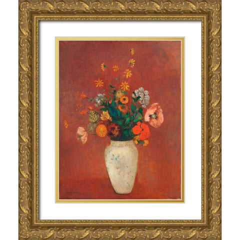 Bouquet in a Chinese Vase Gold Ornate Wood Framed Art Print with Double Matting by Redon, Odilon