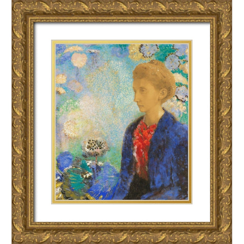 Baronne de Domecy Gold Ornate Wood Framed Art Print with Double Matting by Redon, Odilon