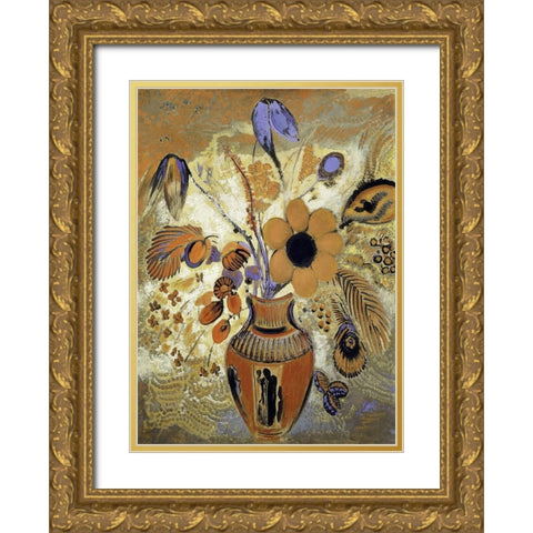 Etruscan Vase with Flowers Gold Ornate Wood Framed Art Print with Double Matting by Redon, Odilon