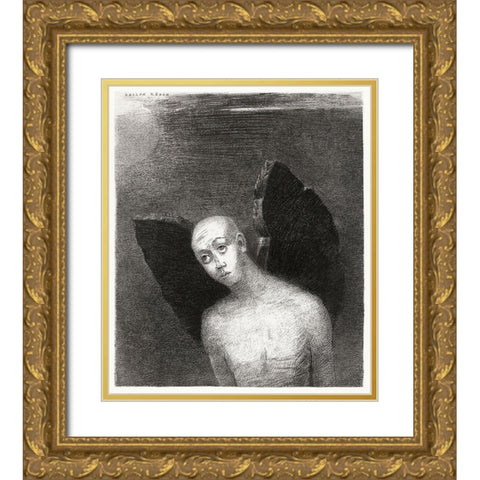 The Fallen Angel Spreads His Black Wings Gold Ornate Wood Framed Art Print with Double Matting by Redon, Odilon