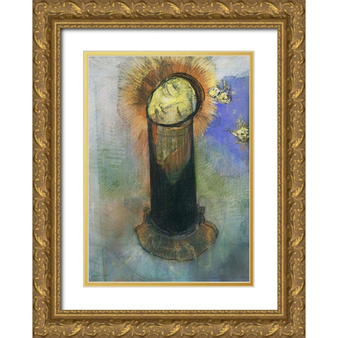 The Head of John the Baptist, on a Pillar Gold Ornate Wood Framed Art Print with Double Matting by Redon, Odilon