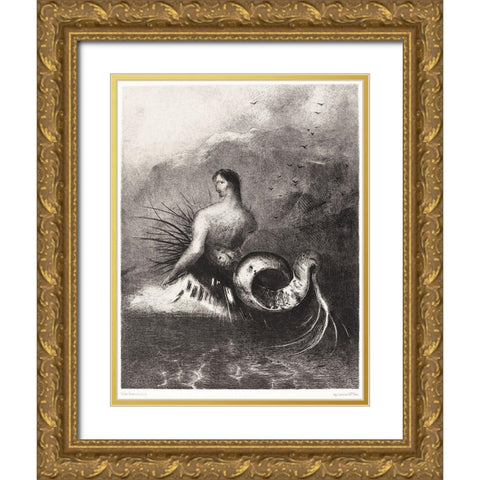 The Siren Clothed In Barbs, Emerged From the Waves Gold Ornate Wood Framed Art Print with Double Matting by Redon, Odilon