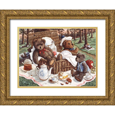 Bears Picnic Gold Ornate Wood Framed Art Print with Double Matting by Kruskamp, Janet