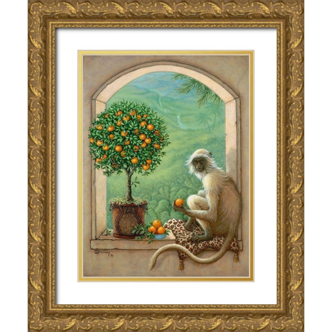 Monkey and Orange Tree Gold Ornate Wood Framed Art Print with Double Matting by Kruskamp, Janet