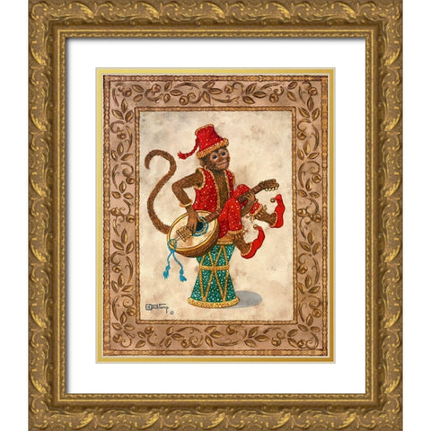 Monkey with Mandolin Gold Ornate Wood Framed Art Print with Double Matting by Kruskamp, Janet