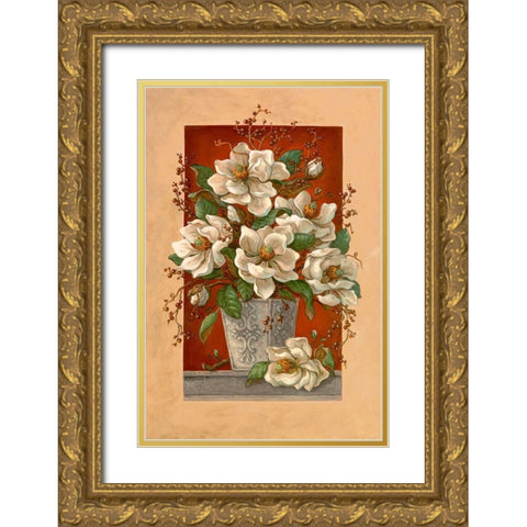 Magnolias En Rouge Gold Ornate Wood Framed Art Print with Double Matting by Kruskamp, Janet