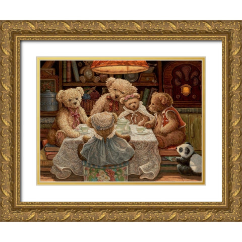 Teddy Bear Tea Party Gold Ornate Wood Framed Art Print with Double Matting by Kruskamp, Janet