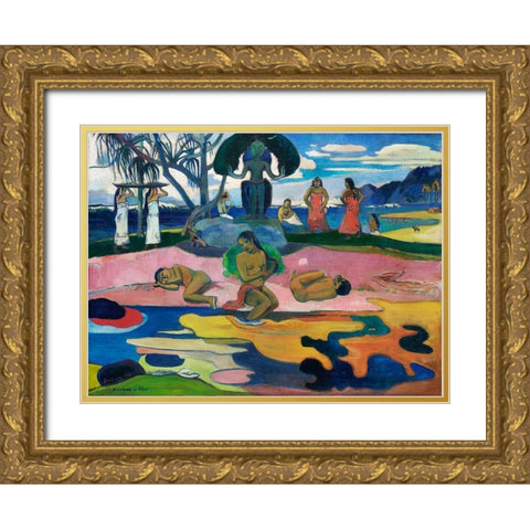 Day of the God Gold Ornate Wood Framed Art Print with Double Matting by Gauguin, Paul
