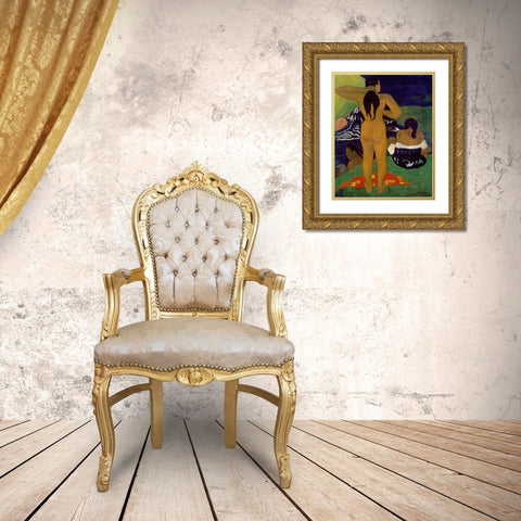 Tahitian Women Bathing Gold Ornate Wood Framed Art Print with Double Matting by Gauguin, Paul