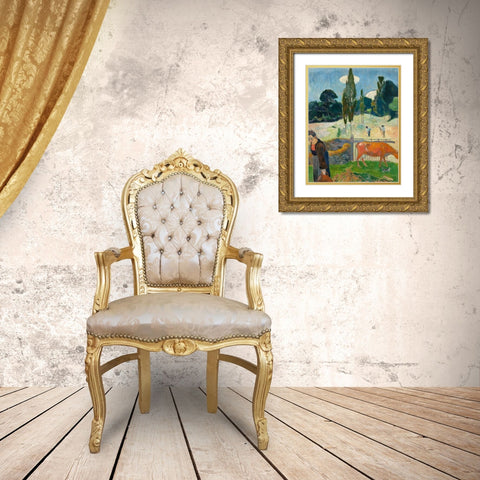 The Red Cow Gold Ornate Wood Framed Art Print with Double Matting by Gauguin, Paul