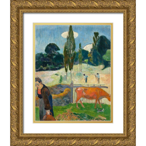 The Red Cow Gold Ornate Wood Framed Art Print with Double Matting by Gauguin, Paul