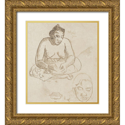 Seated Tahitian Woman Gold Ornate Wood Framed Art Print with Double Matting by Gauguin, Paul