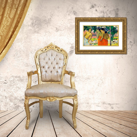 Three Tahitian Women Gold Ornate Wood Framed Art Print with Double Matting by Gauguin, Paul