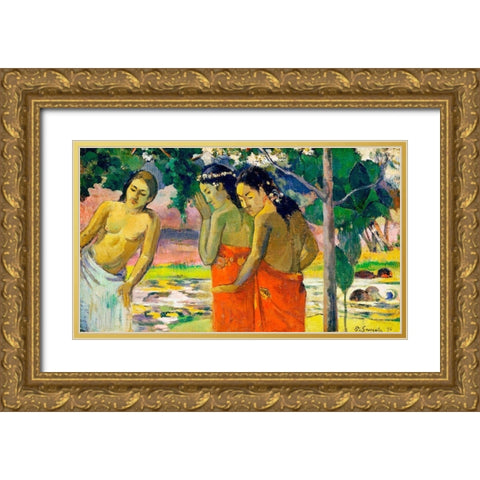 Three Tahitian Women Gold Ornate Wood Framed Art Print with Double Matting by Gauguin, Paul