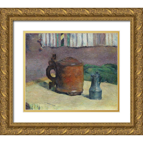 Still Life: Wood Tankard and Metal Pitcher Gold Ornate Wood Framed Art Print with Double Matting by Gauguin, Paul