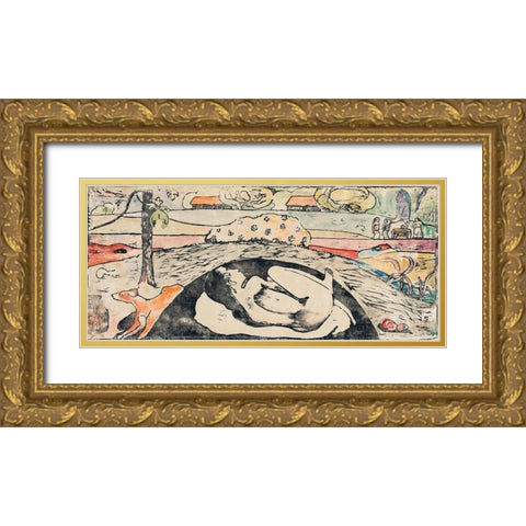 She Thinks of the Ghost or The Ghost Thinks of Her (Manao tupapau) Gold Ornate Wood Framed Art Print with Double Matting by Gauguin, Paul